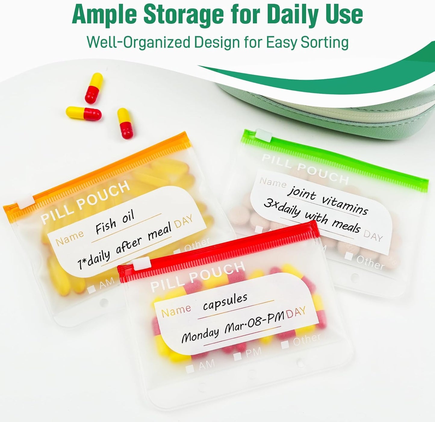 Waterproof Pill Organizer Pouch Set – 14 Removable, Colour-Coded Bags, Easy to Label & Refill