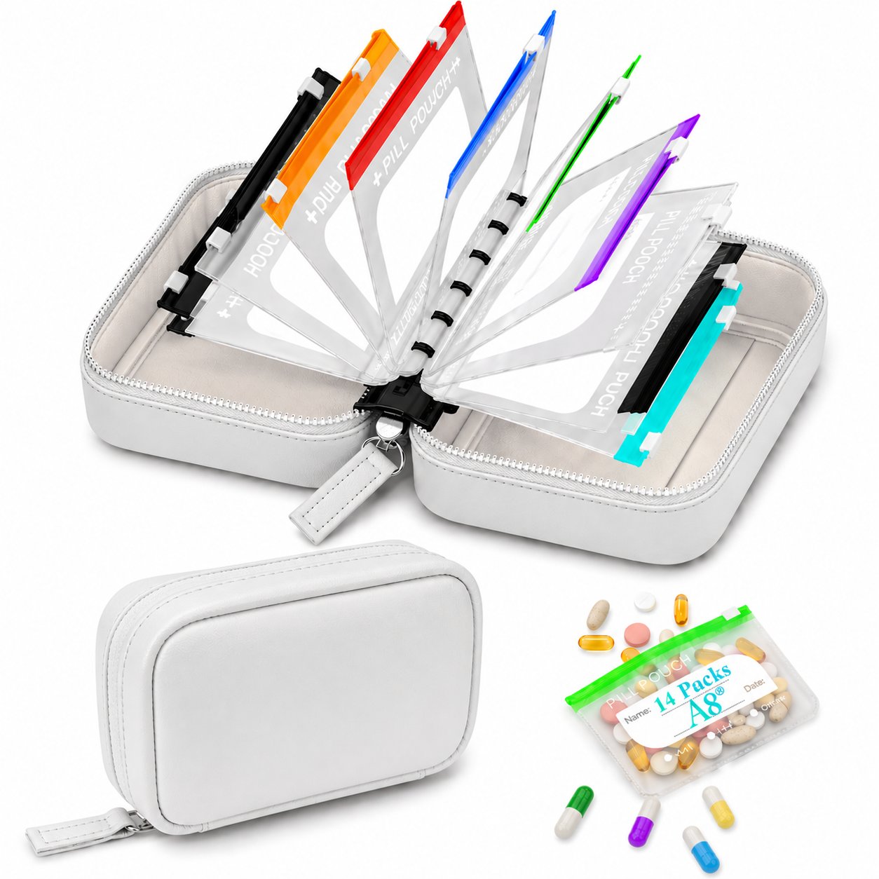 Waterproof Pill Organizer Pouch Set – 14 Removable, Colour-Coded Bags, Easy to Label & Refill