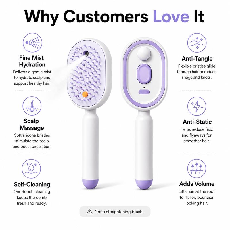 ⏳LAST DAY SALE 50% OFF🎉💕Electric Spray Air Cushion Massage Comb 💨| Detangle, Moisturize💧 & Red Light Therapy