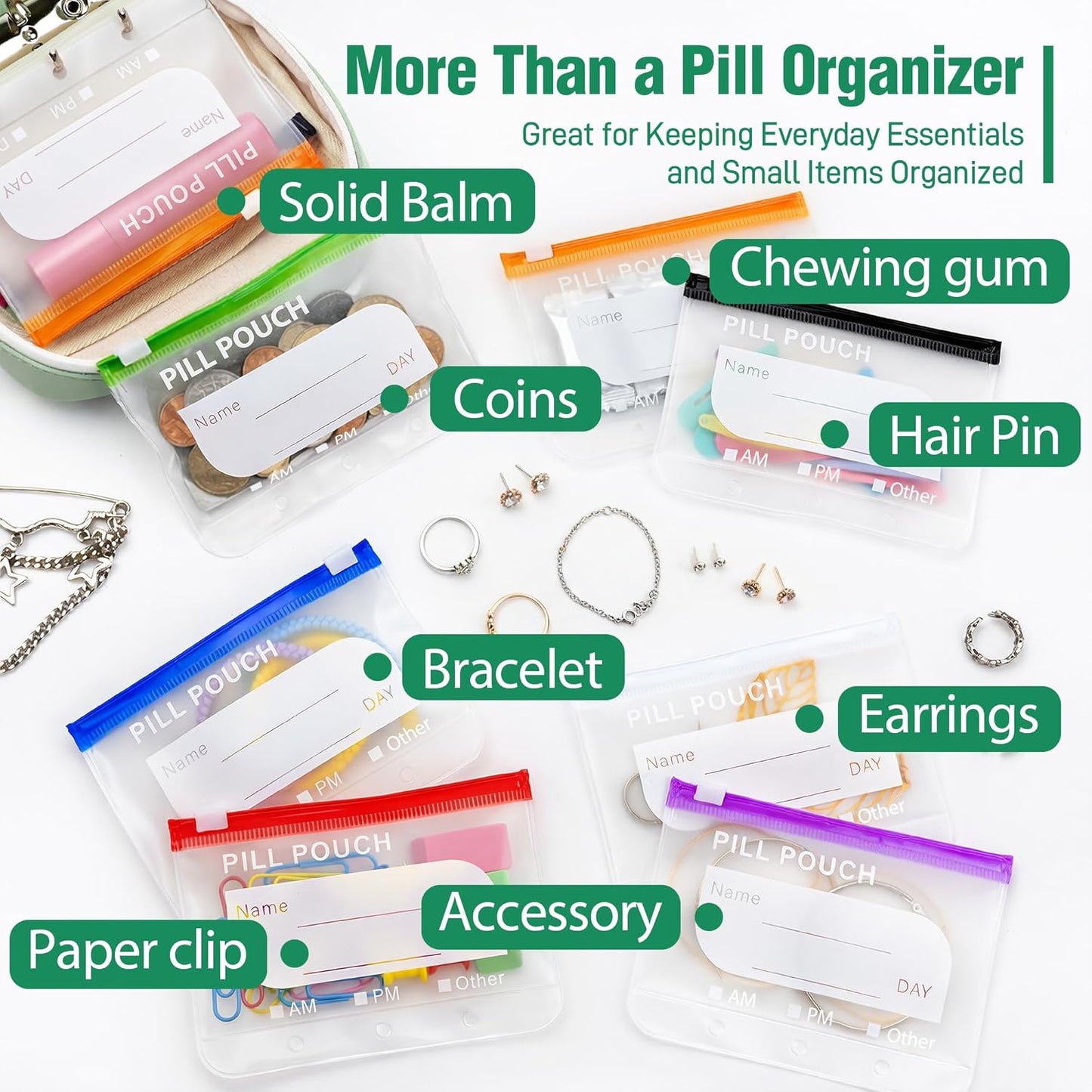 Waterproof Pill Organizer Pouch Set – 14 Removable, Colour-Coded Bags, Easy to Label & Refill